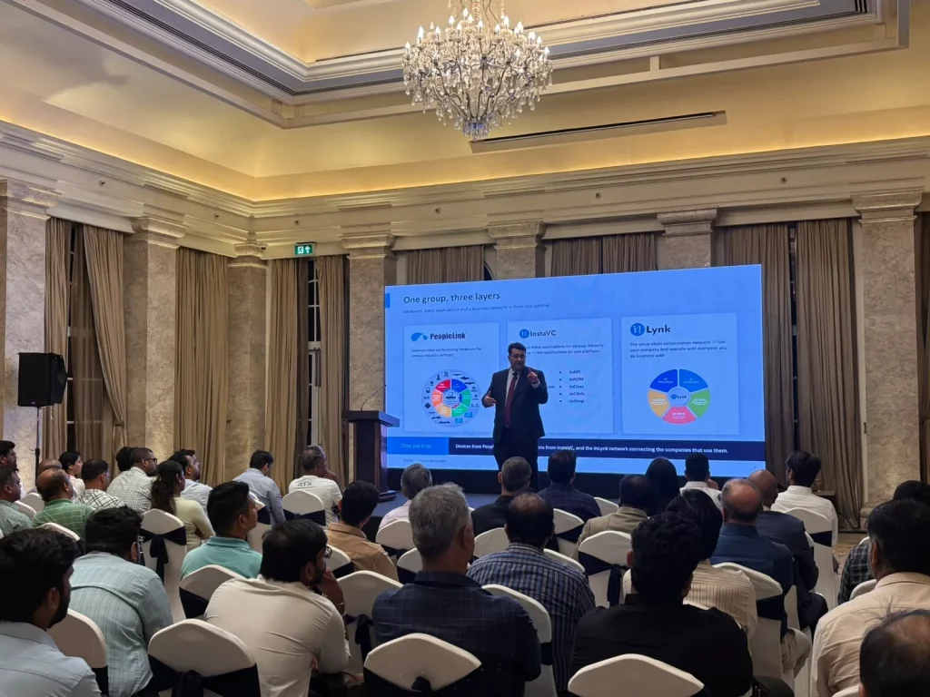 Mr. Amit Chowdry, Founder and CEO of InstaVC, addressing channel partners at the Mumbai Partner Meet at ITC Maratha.