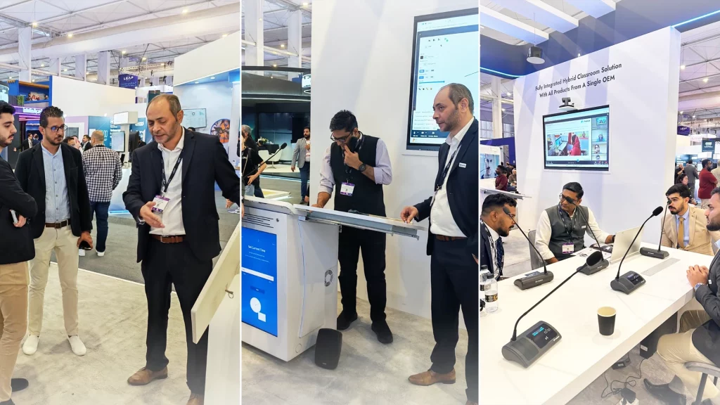 PeopleLink team demonstrating video collaboration and AV solutions to visitors at LEAP 2026